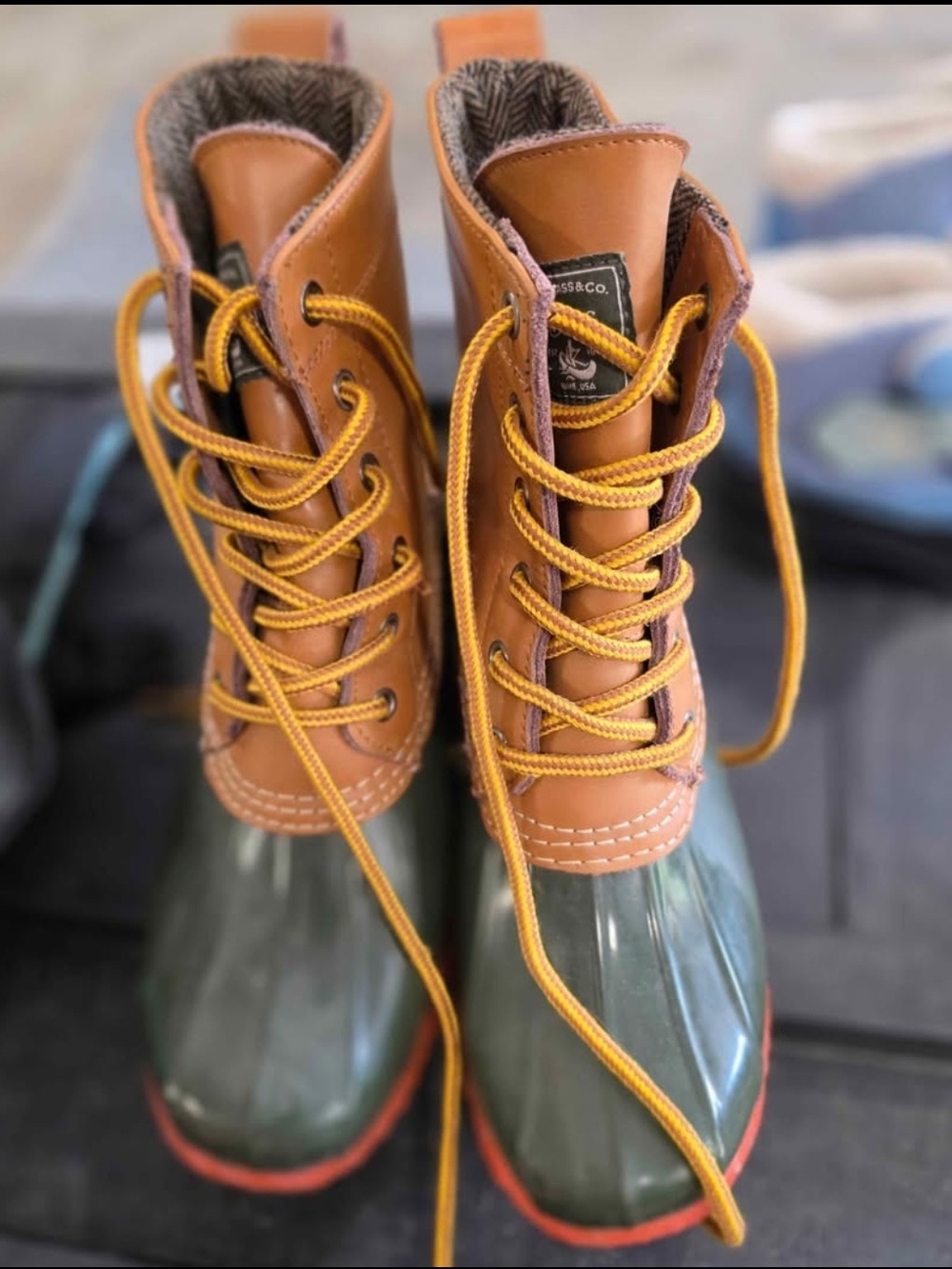 G.H. Bass & Co. Brown Leather and Green Rubber Lace-Up Duck Boots